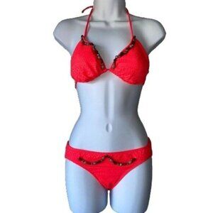 Beaded Halter‎ Hot Pink Bikini Women Swimsuit Small